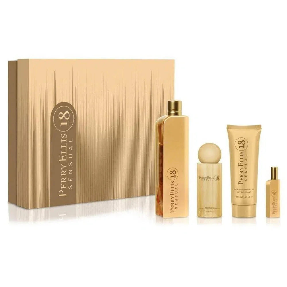 *Con daño contactar al personal* Perry Ellis 18 Sensual EDP (W) / 4 Pc SP 100 ml; BL 90 ml; BM 120 ml; SP 7.5 ml